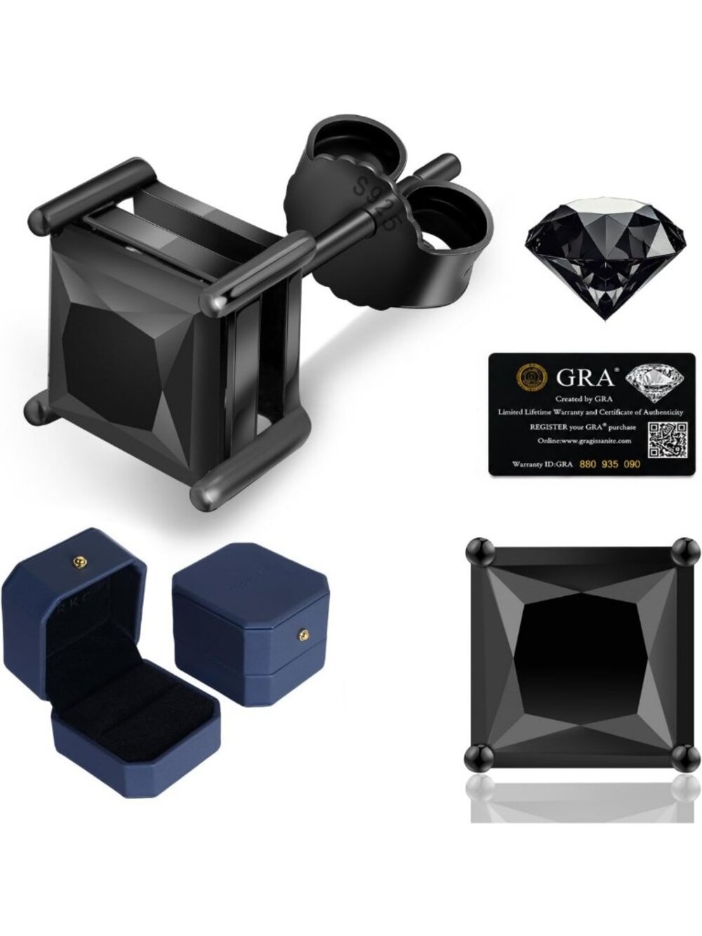 Elegant Black Moissanite Stud Earrings for Men, 925 Sterling Silver, 1-3 Carat